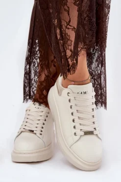 Skórzane Sneakersy Damskie Na Platformie GOE RR2N4004 Beżowe