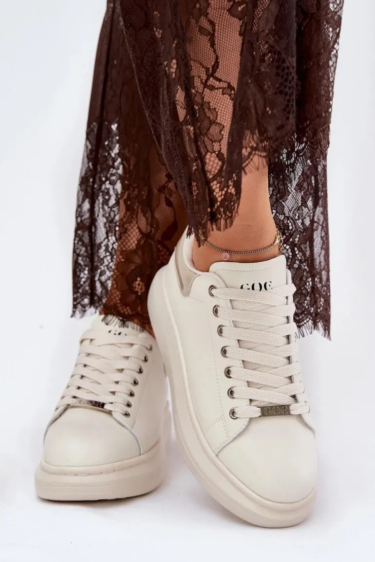 Skórzane Sneakersy Damskie Na Platformie GOE RR2N4004 Beżowe