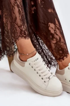 Skórzane Sneakersy Damskie Na Platformie GOE RR2N4004 Beżowe