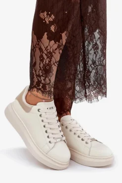 Skórzane Sneakersy Damskie Na Platformie GOE RR2N4004 Beżowe