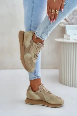 Skórzane Sneakersy Damskie Big Star OO274564 Hi-Poly System Beżowe