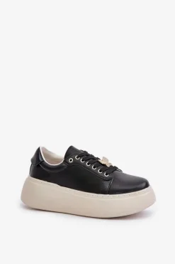 Skórzane Sneakersy Damskie Na Platformie Z Przypinką Vinceza 89101 Czarne