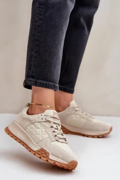 Skórzane Sneakersy Damskie Big Star OO274A315 Hi-Poly System Beżowe