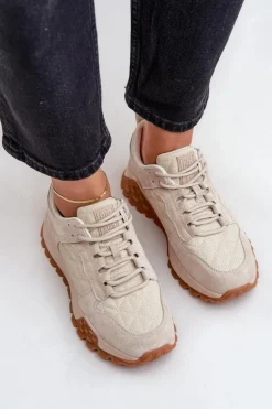 Skórzane Sneakersy Damskie Big Star OO274A315 Hi-Poly System Beżowe