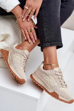 Skórzane Sneakersy Damskie Big Star OO274A315 Hi-Poly System Beżowe