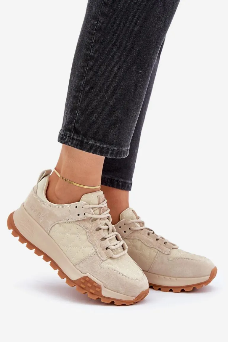 Skórzane Sneakersy Damskie Big Star OO274A315 Hi-Poly System Beżowe