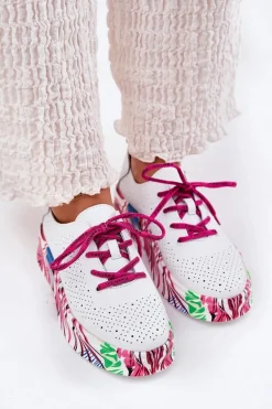 Skórzane Sneakersy Damskie Na Wzorzystej Platformie Vinceza 88017 Białe