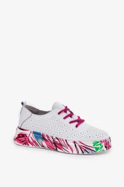 Skórzane Sneakersy Damskie Na Wzorzystej Platformie Vinceza 88017 Białe