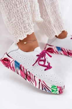 Skórzane Sneakersy Damskie Na Wzorzystej Platformie Vinceza 88017 Białe