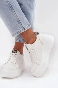 Skórzane Sneakersy Damskie Na Platformie Panterka Vinceza 89144 Białe