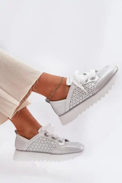 Skórzane Sneakersy Damskie Na Platformie D&A LR51-796 Srebrne