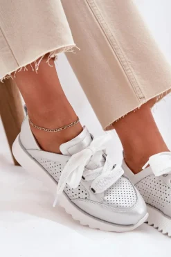 Skórzane Sneakersy Damskie Na Platformie D&A LR51-796 Srebrne