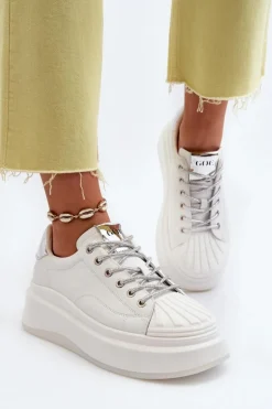 Skórzane Sneakersy Damskie Na Platformie GOE NN2N4033 Białe