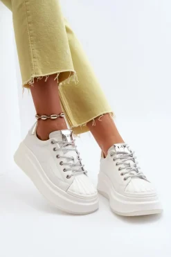 Skórzane Sneakersy Damskie Na Platformie GOE NN2N4033 Białe