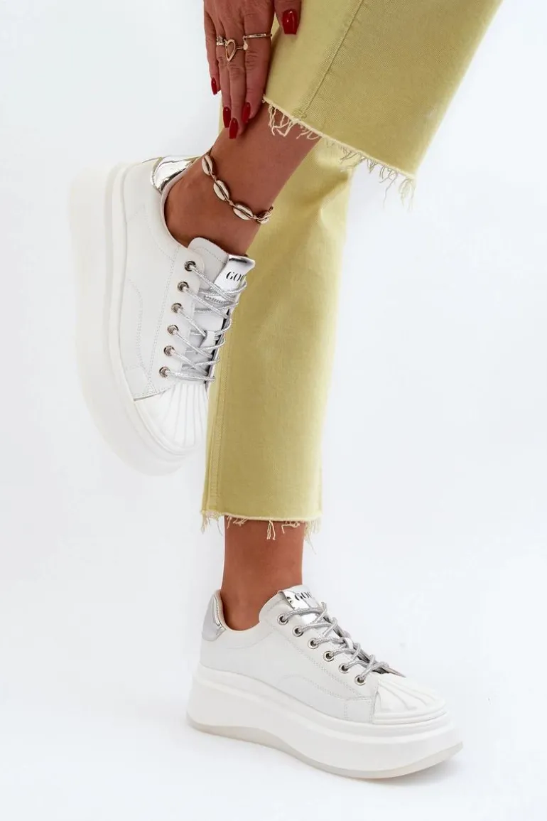 Skórzane Sneakersy Damskie Na Platformie GOE NN2N4033 Białe