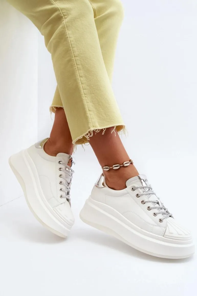 Skórzane Sneakersy Damskie Na Platformie GOE NN2N4033 Białe
