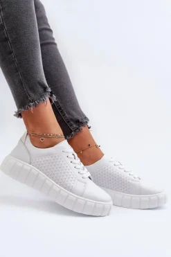 Skórzane Sneakersy Damskie Na Platformie Białe Eselmarie