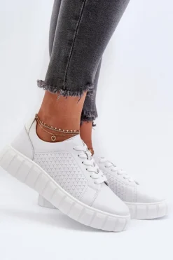 Skórzane Sneakersy Damskie Na Platformie Białe Eselmarie