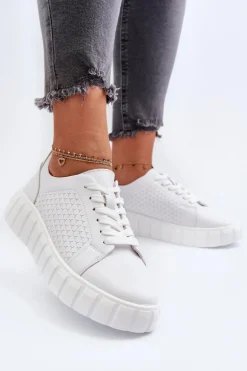 Skórzane Sneakersy Damskie Na Platformie Białe Eselmarie