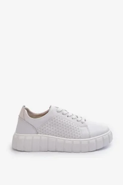 Skórzane Sneakersy Damskie Na Platformie Białe Eselmarie