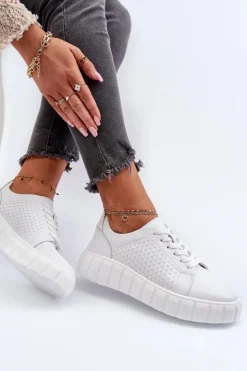 Skórzane Sneakersy Damskie Na Platformie Białe Eselmarie