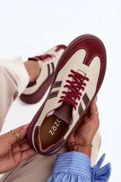 Skórzane Sneakersy Damskie Na Platformie Zazoo 3775 Beżowo-Bordowe