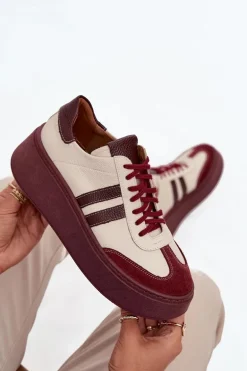 Skórzane Sneakersy Damskie Na Platformie Zazoo 3775 Beżowo-Bordowe