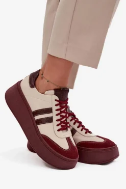 Skórzane Sneakersy Damskie Na Platformie Zazoo 3775 Beżowo-Bordowe