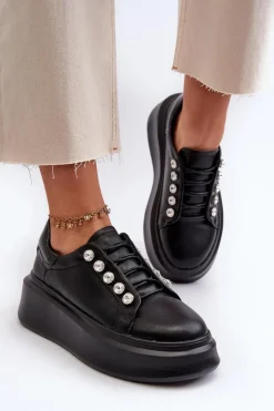 Skórzane Sneakersy Damskie Na Masywnej Platformie Czarne S.Barski LR628