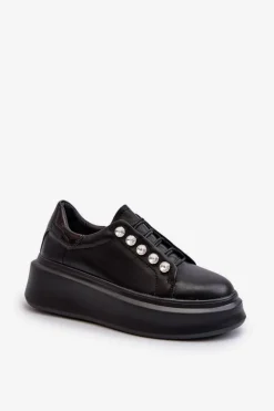 Skórzane Sneakersy Damskie Na Masywnej Platformie Czarne S.Barski LR628