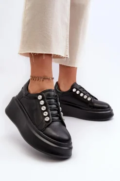 Skórzane Sneakersy Damskie Na Masywnej Platformie Czarne S.Barski LR628