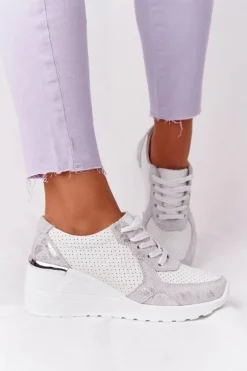 Skórzane Sneakersy Na Koturnie S.Barski Biało-Srebrne
