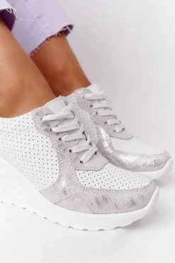 Skórzane Sneakersy Na Koturnie S.Barski Biało-Srebrne