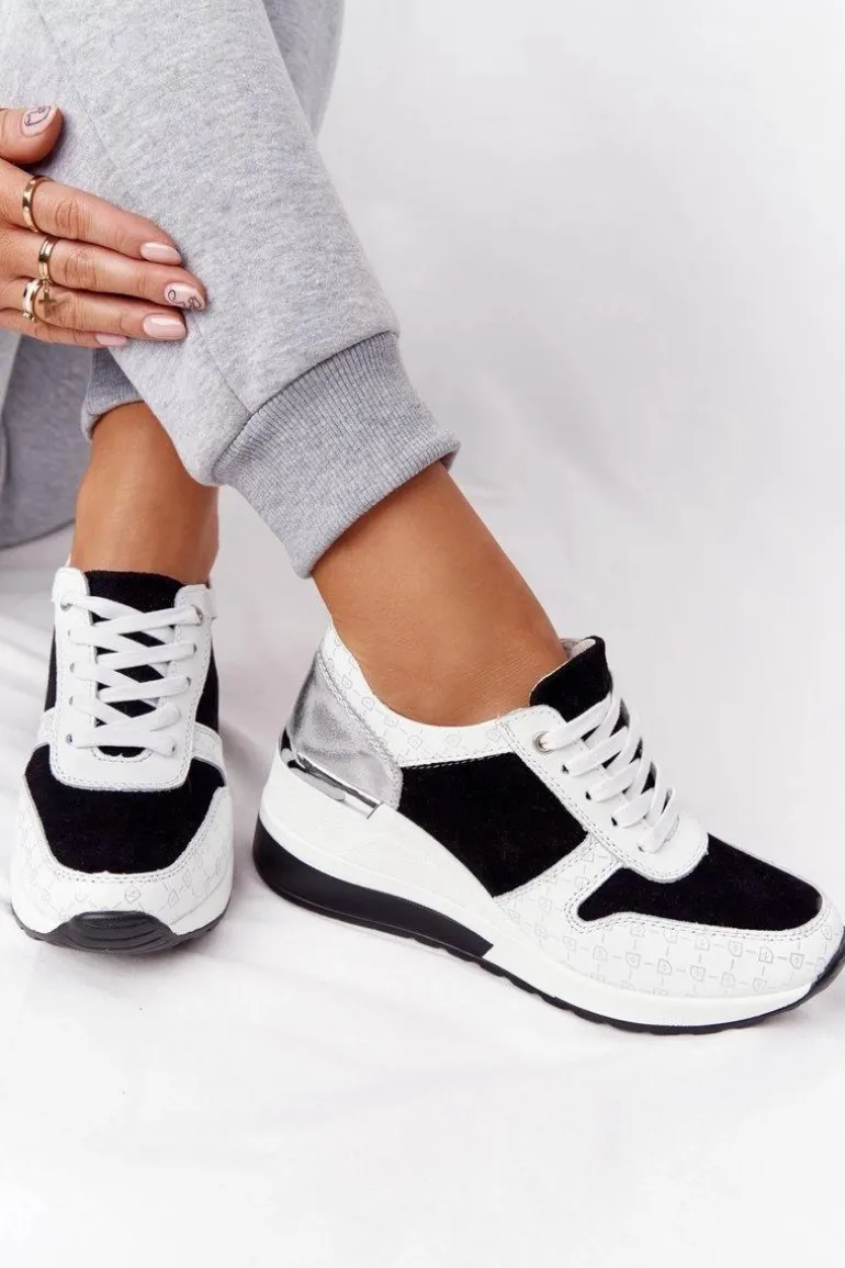 Skórzane Sneakersy Na Koturnie S.Barski Czarno-Białe