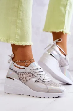 Skórzane Sneakersy Na Koturnie Z Siateczką S.Barski Srebrne