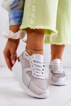 Skórzane Sneakersy Na Koturnie Z Siateczką S.Barski Srebrne