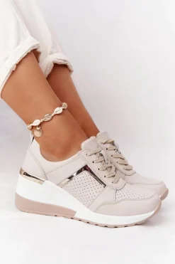 Skórzane Sneakersy Na Koturnie S.Barski Beżowe