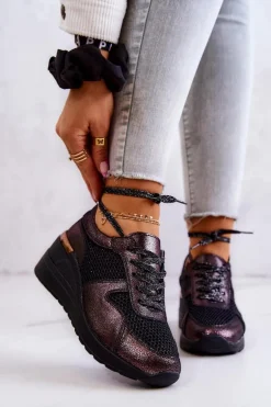 Skórzane Sneakersy Na Koturnie Z Siateczką S.Barski Czarne