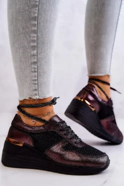 Skórzane Sneakersy Na Koturnie Z Siateczką S.Barski Czarne