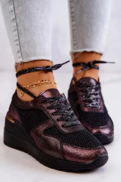 Skórzane Sneakersy Na Koturnie Z Siateczką S.Barski Czarne