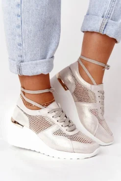 Skórzane Sneakersy Na Koturnie Z Siateczką S.Barski Złote