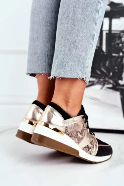 Skórzane Sneakersy Na Koturnie Złote Nicole 2465