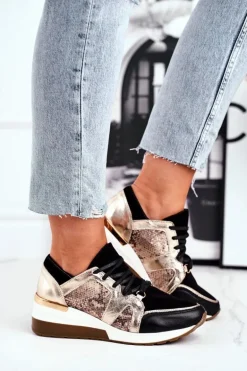 Skórzane Sneakersy Na Koturnie Złote Nicole 2465