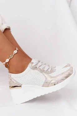 Skórzane Sneakersy Na Koturnie S.Barski Biało-Złote
