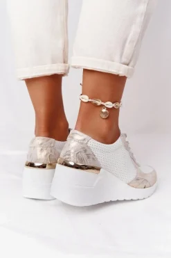 Skórzane Sneakersy Na Koturnie S.Barski Biało-Złote