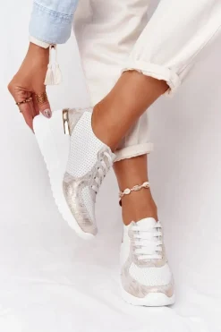 Skórzane Sneakersy Na Koturnie S.Barski Biało-Złote
