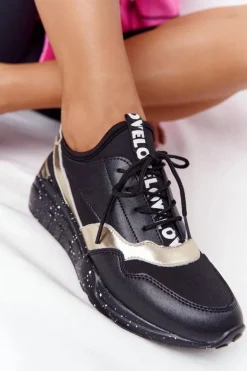 Skórzane Sneakersy Na Koturnie S.Barski Czarno-Złote