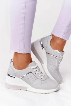 Skórzane Sneakersy Na Koturnie S.Barski Szare