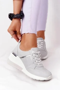 Skórzane Sneakersy Na Koturnie S.Barski Szare