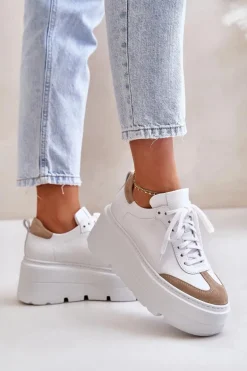 Skórzane Sneakersy Na Masywnej Platformie Lewski 3635/X Biało-Beżowe